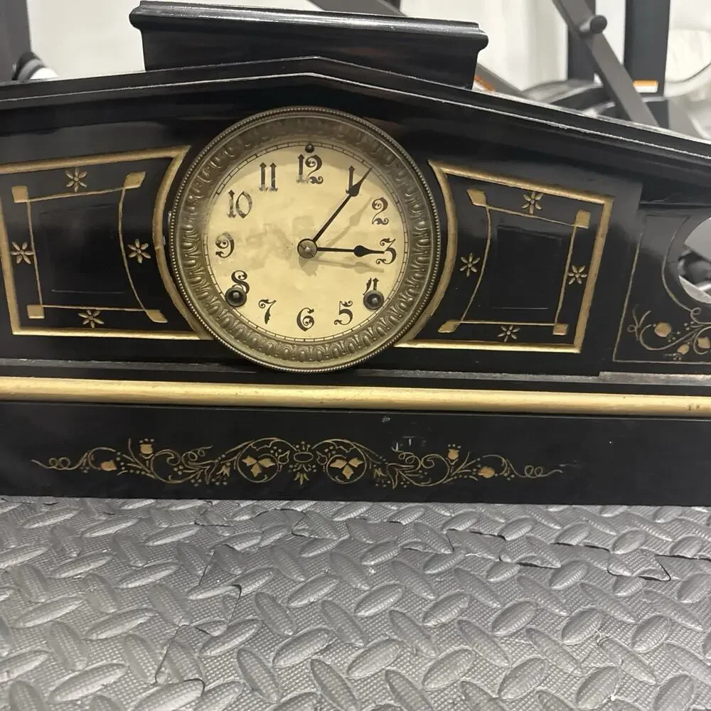 Antique Enameled Wood Mantle Clock With Gold Stenciled Floral Motif *